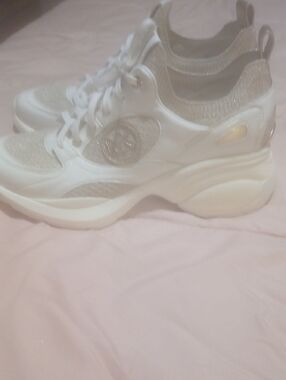 Michael Kors White Platform Knit-Trim Sneakers with Silver Glitter Accents
